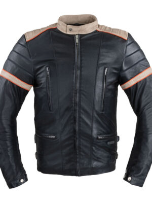 Pánska kožená bunda W-TEC Hellsto čierna s béžovým a oranžovým pruhom - 6XL