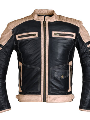 Pánska kožená bunda W-TEC Esbiker čierna s béžovými pruhmi - 6XL